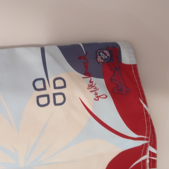 Golden Breed Men Board Shorts Size 92 Blue Red Hawaiian Print Pocket Hook & Loop - Picture 3 of 11